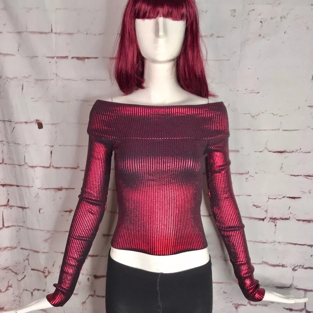 NEW ZARA XS Off the Shoulder Red Metallic Knit Foil Stretch Top NEW WITH TAG - Picture 15 of 15